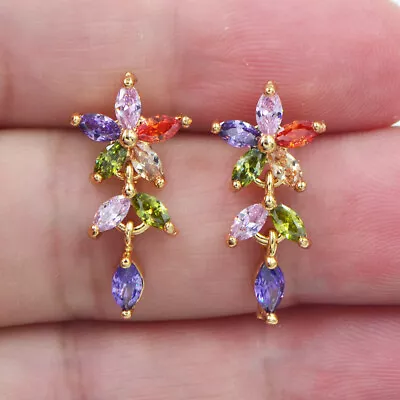 18K Yellow Gold Filled Women Multicolour Mystic Flower Dangle Stud Earrings • £0.01