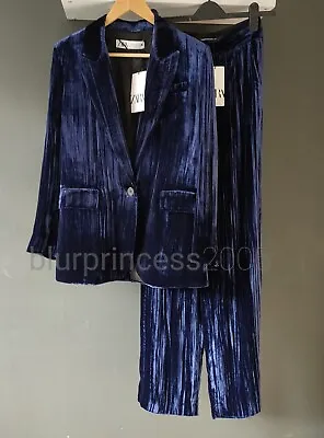 ZARA Silk Velvet Suit Crushed Mulberry Blazer Wide Leg Trouser Midnight Blue S M • £143.10