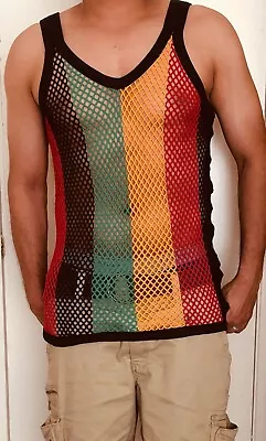 Rasta Short Length Men Vest Tank Top Hot Cotton Mesh Reggae Fitting Fishnet • $13.99