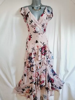£5.99 • Buy Lipsy Pink Chiffon Cold Shoulder Floral Dipped Hem Midaxi Occasion Dress Size 14