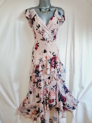 £5.99 • Buy Lipsy Pink Chiffon Cold Shoulder Floral Dipped Hem Midaxi Occasion Dress Size 14