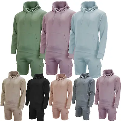 Mens Plain Tracksuit Set Casual Sports Cargo Shorts With Matching Pulover Hoodie • £24.99