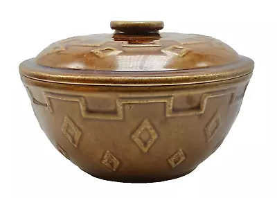 Vtg Monmouth Stoneware Pottery Bowl With Lid Southwestern Diamond Pattern Brown • $17.98