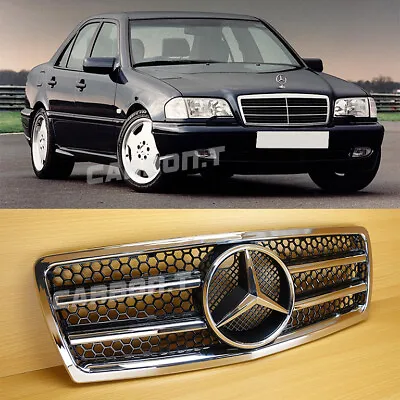 For BENZ C-Class 94-00 W202 Shiny Black Silver Star Front Grille Sedan Wagon 4DR • $189.72
