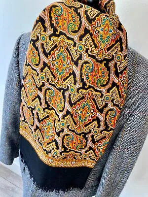 VINTAGE Mens 70's INDIE/MOD BLACK MULTI WOOL FEEL ORNATE PSYCHEDELIC LONG SCARF • £15.99