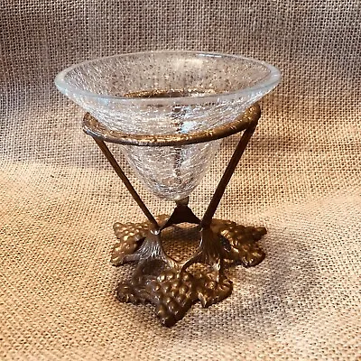 Crackleglass Vase Conical In Brass Grapevine Stand Elegant • $26.95