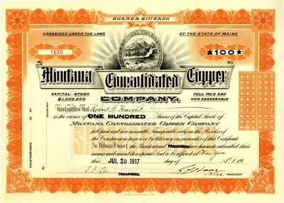 Montana Consolidated Copper Co. - Stock Certificate - Mining Stocks • $175
