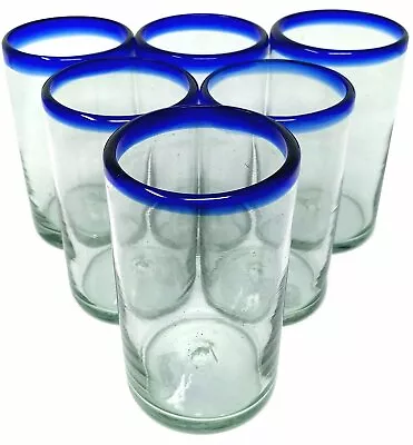 Hand Blown Mexican Drinking Glasses – Set Of 6 Glasses With Cobalt Blue Rims... • $46.99