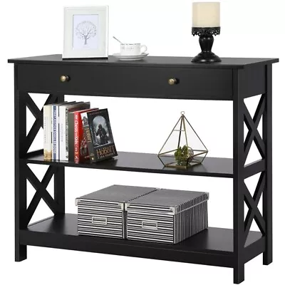 Black Console Table Narrow Wooden Hallway Table With Drawer 2 Storage Shelves  • £59.99