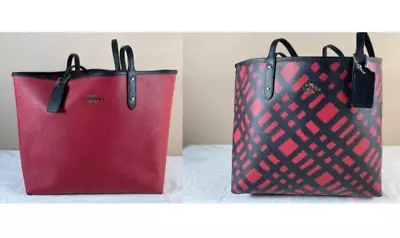 Coach F22247 New Reversible City Tote Wild Plaid Multi Red With Pouch • $112.50