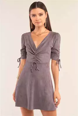 Charcoal Grey Suede Deep Plunge V-neck Gathered Detail Tight Fit Mini Dress • $9.07