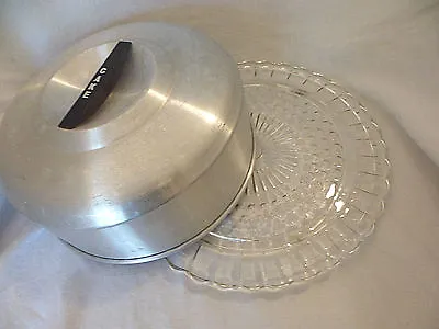 Vtg Farmhouse Cake Cover Aluminum Black Handle 9.75 X4  W/ Glass Cake Plate 11  • $13.95