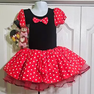 Minnie Mouse Dress Costume Bodysuit Tutu Ear Barrettes Mickey Polka Dot Girl 2-3 • $12.99