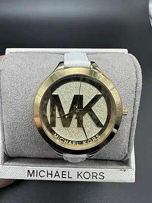 MICHAEL KORS Womens Leather Slim Runway Gold Tone MK Logo Face White MK2389 • $99.99