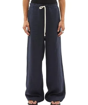 Bassike Womens 100% Linen Drawstring Pants Casual Wide Leg Size 0 Navy Blue • $149.95