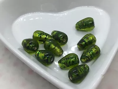 £3.35 • Buy 10 Handmade Lampwork Teardrop Glass Beads, Green, Silver Foil, 16mm X 8mm
