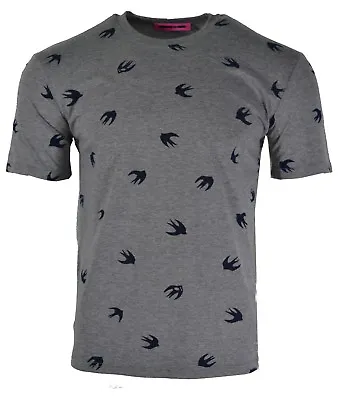 £79.99 • Buy New Mcq Flocked Swallow Print T-shirt Grey Navy Alexander Mcqueen Velour Bird