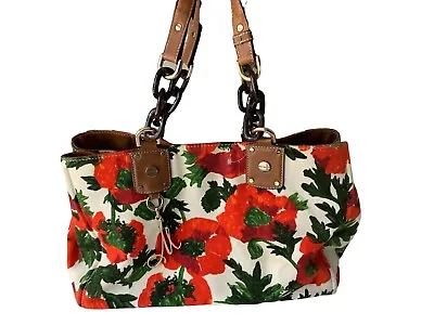 Milly Poppy Tote XL Orange Red Canvas Chain Leather Strap • $72.57