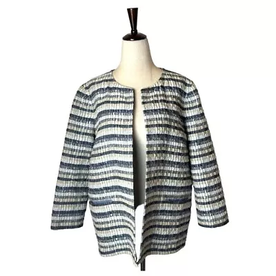 Lafayette 148 Coat Womens 6 Blue And Gray Striped Silk Blend Open Front Jacket • £57.82