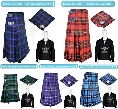 Men's Traditional Highlander Scottish Tartan 8 Yard Kilt - Fly Plaid Kilt Shirt • $79