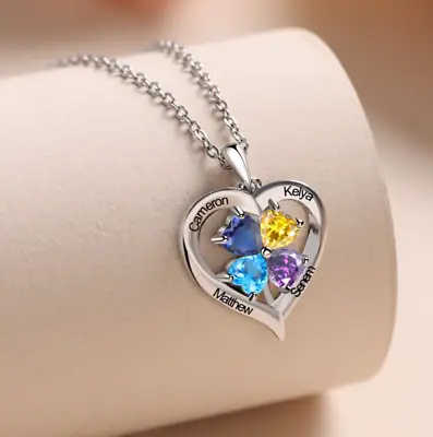 Personalized Engraved Mother's Day Heart Pendant Necklace 4 Names & 4 Birthstone • $33.99