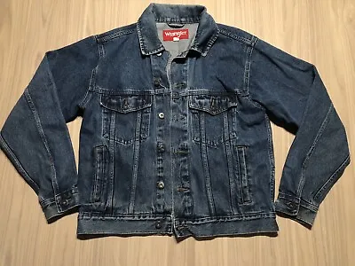 Vintage Distressed Wrangler Blue Denim Jean Festival Trucker Jacket Mens Med • $20.49