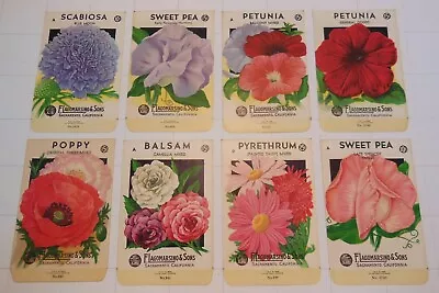 8 Vintage FLOWER SEED PACKS (S41)-Schmidt Litho-Lagomarsino-3 1/4  X 5 -Scabiosa • $14
