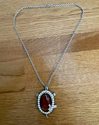Turtle Pendant Necklace Choker 20  Caramel Color Glass & Rhinestones Silver • $10.99