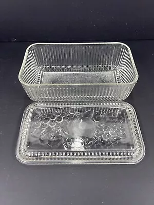 Vintage Federal Glass Refrigerator  Dish & Lid Embossed Fruit Ribbed Clear • $15.99