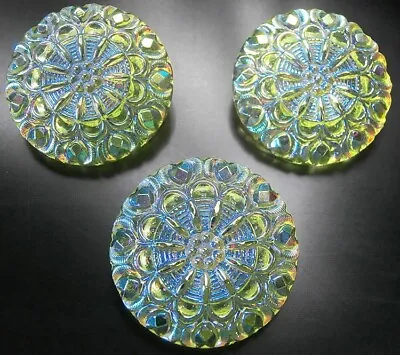 3 Czech Vaseline Crystal Glass LACY Buttons #B997 - 27 Mm Or 1  - IRIDESCENT • $10.99