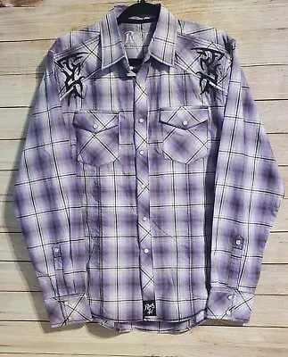 Rock 47 By Wrangler Western Shirt Medium Purple Plaid Pearl Snap Embroidered • $24.95