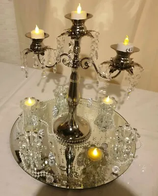 Stunning Quality  Silver Candelabras 3 Stem Hanging Crystals Centerpieces. • £39.99