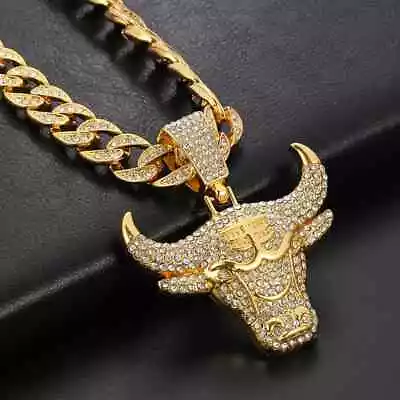 Hip Hop Gold Plated BULL Pendant & 15mm Iced Cuban Cubic Zirconia Chain Necklace • $29.99