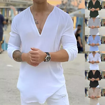 $16.69 • Buy Mens Solid Pullover Cotton Linen Shirts Casual Loose Summer Shirt Blouse Tops US