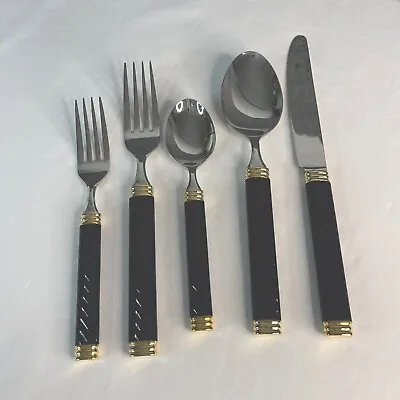 MIKASA Braid Onyx Black Gold Accent 4 Bx/5 Pc Place Setting Flatware Replacement • $47.50