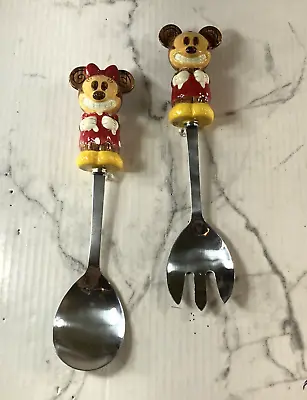 Disney China Mickey & Minnie Mouse Stainless Steel Ceramic Salad Fork Spoon Set • $18.99