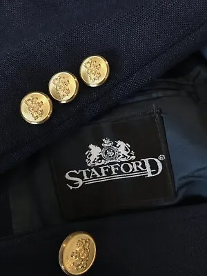 STAFFORD Blazer Navy Blue Mens Jacket Sport Coat Gold Crest Metal Buttons 46R • $59.99