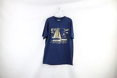 Vintage 90s Streetwear Mens Large Beach Sunset Sailboat Sailing T-Shirt Blue USA • $31.45