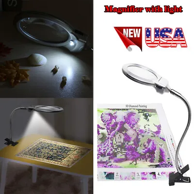 LED Desk Lamp 6X Magnifier Glass Foldable Light Stand Clamp Beauty Magnifying LZ • $13.99