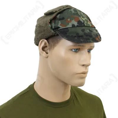 German Flecktarn Camouflage Winter Cap - Hat Army Surplus Ear Flaps Soldier Mens • $42.85