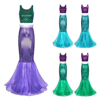 US Womens 2 Piece Mermaid Costume Fish Scale Tail Long Skirt + Bra Carnival Sets • $7.19