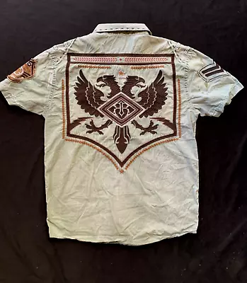 Roar Aviation Olive+brown Cholo-style Embroidery Short Sleeve Button Up Shirt-L • $23