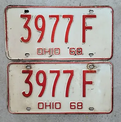 1968 OHIO License Plate Pair ~ 3977 F ~🔥FREE SHIPPING🔥 VINTAGE WHITE & RED  • $28.99