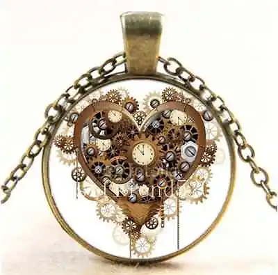 $1.66 • Buy Vintage Steampunk Heart Photo Cabochon Glass Bronze Chain Pendant  Necklace