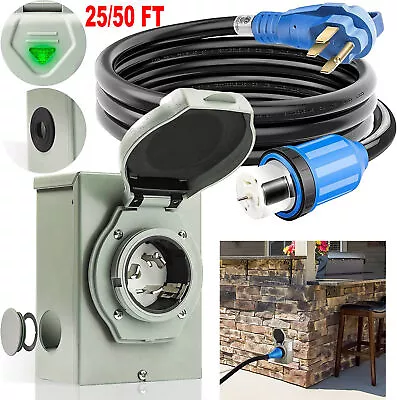 50 Amp Generator Cord 25/50ft + Pre-Drilled Power Inlet Box Waterproof Combo Kit • $115.90