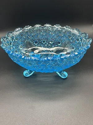 Vtg L G Wright Glass Daisy And Button Blue Four Footed Oval Fruit Bowl Excellent • $34.99