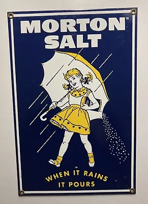 MORTON SALT Porcelain Enamel Sign By Ande Rooney 8 X 12 Grommet Corners Preowned • $27.99