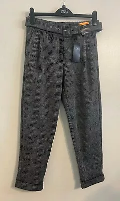 NEW Ex M&S Grey Mix Jersey Elastic Checked Belted Ankle Grazer Trousers 10-22 • £11.99