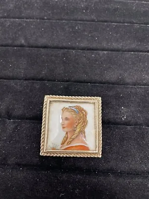 Vintage Limoges France Portrait Brooch Porcelain Square Cameo Pendant • £19