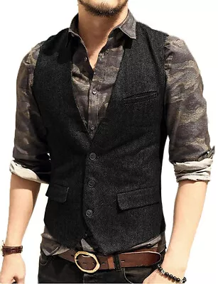 Mens Vintage Tweed Waistcoats Herringbone Formal Wedding Party Vests 44 46 48 50 • $25.20